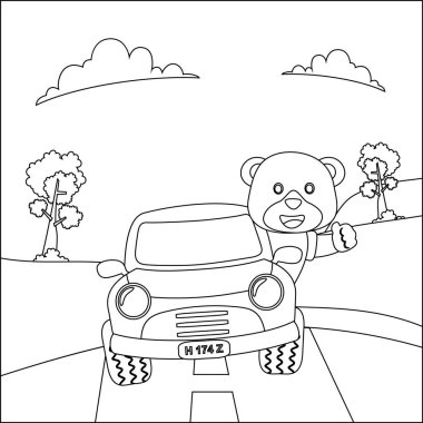 Yolculuk arabasındaki sevimli ayının vektör çizimi, çocuk aktivite kitabı ya da sayfa boyama için yaratıcı vektör tasarımı.
