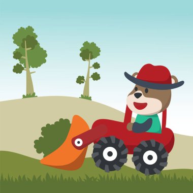 İnşaat malzemeleri, traktörde sevimli hayvan olan çizgi film vektörü, tişört baskısı için kullanılabilir, çocuklar moda tasarımı, davetiye kartı takabilir. kumaş, tekstil, bebek odası duvar kağıdı ve poster.