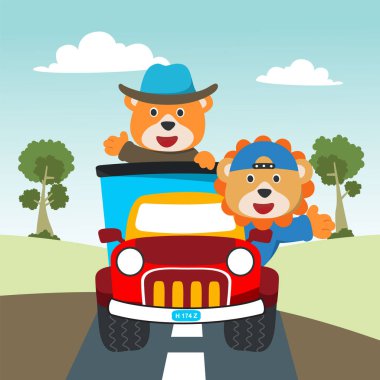 Gezici bir kamyondaki şirin ayı ve aslanın vektör çizimi çocukların giydiği tişört baskısı ve davetiye kartı için kullanılabilir. kumaş, tekstil, çocuk odası duvar kağıdı, poster ve diğer dekorasyonlar.