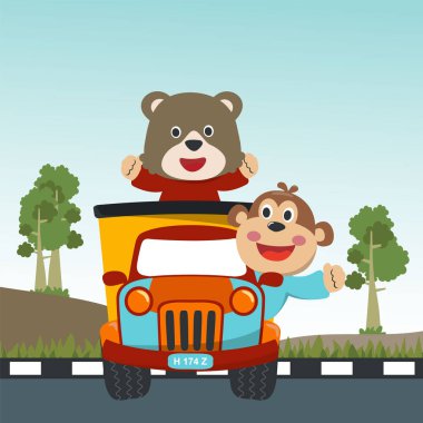 Gezici bir kamyondaki şirin maymun ve ayının vektör çizimi çocukların giydiği tişört baskısı ve davetiye kartı için kullanılabilir. kumaş, tekstil, çocuk odası duvar kağıdı, poster ve diğer dekorasyonlar.