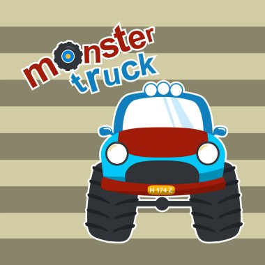 Çizgi film tarzında canavar kamyonun vektör çizimi. Tişört izi, çocuk giysisi, davetiye kartı için kullanılabilir. kumaş, tekstil, çocuk odası duvar kağıdı, poster ve diğer dekorasyonlar.