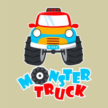 Çizgi film tarzında canavar kamyonun vektör çizimi. Tişört izi, çocuk giysisi, davetiye kartı için kullanılabilir. kumaş, tekstil, çocuk odası duvar kağıdı, poster ve diğer dekorasyonlar.