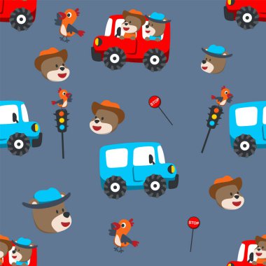 Sevimli iki ayının kusursuz deseni Mutlu Yolculuklar komik hayvan çizgi filmi, vektör illüstrasyonu. Tişört baskısı, kumaş tekstili için yaratıcı vektör çocuksu arka plan ve diğer dekorasyonlar için kullanılabilir..