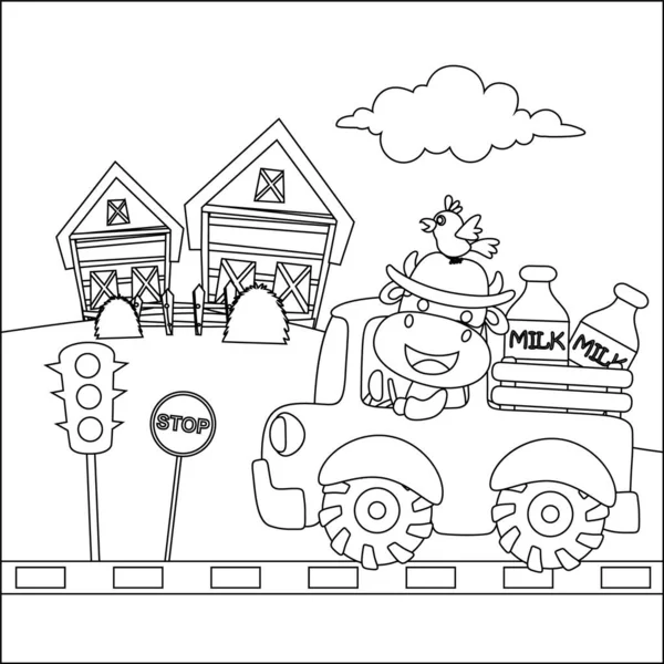 Kuh Und Lkw Lustige Karikatur Kindliches Design Für Kinder Aktivität — Stockvektor