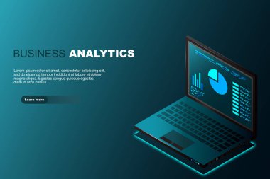 Konsept iş stratejisi, dizüstü bilgisayarlı web pankartı, Analiz verileri ve Yatırım temalı, Teknoloji temalı, dizüstü bilgisayar ve bilgi öğeleri ile mali inceleme, 3d izometrik, Vektör illüstrasyonu.