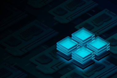 Ana bilgisayar, güçlü sunucu, yüksek teknoloji konsepti, veri merkezi, bulut veri depolama izometrik vektör illüstrasyon ultraviyole arka plan