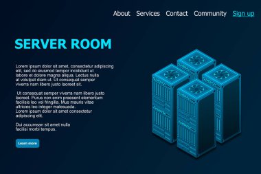 Veri tabanı izometrik vektör çizimi. Soyut sunucu ya da veri merkezi oda arkaplanı. Ağ ya da ana bilgisayar altyapısı web sitesi düzeni. Bilgisayar depolama ya da tarım çalışma istasyonu.