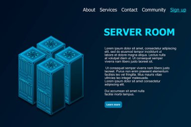 Veri tabanı izometrik vektör çizimi. Soyut sunucu ya da veri merkezi oda arkaplanı. Ağ ya da ana bilgisayar altyapısı web sitesi düzeni. Bilgisayar depolama ya da tarım çalışma istasyonu.