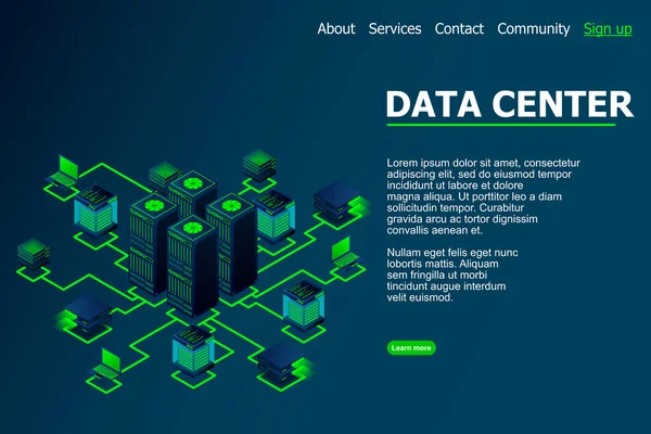 Datacenter Servidor Alojamiento Concepto Sala Centro Datos Concepto Centro Procesamiento — Vector de stock
