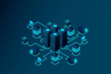 Data center, cloud database, Concept of big data processing center, hosting server or data center room concept. vector illustration