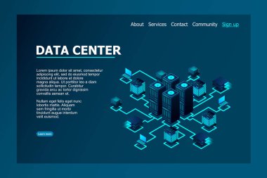 Data center, cloud database, Concept of big data processing center, hosting server or data center room concept. vector illustration