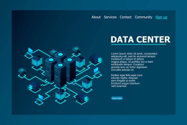 Data center, cloud database, Concept of big data processing center, hosting server or data center room concept. vector illustration