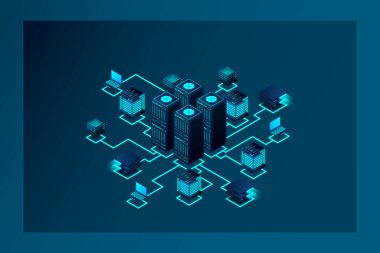 Data center, cloud database, Concept of big data processing center, hosting server or data center room concept. vector illustration
