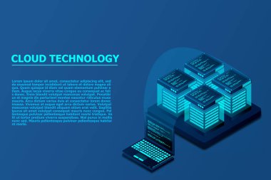 Bulut depolama izometrik vektör çizimi. Veri aktarımlı dijital servis ya da uygulama. Çevrimiçi bilgisayar teknolojisi. 3d sunucular ve veritabanı bağlantı ağı.
