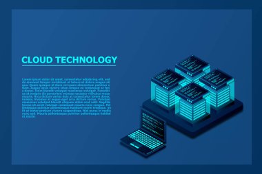 Bulut depolama izometrik vektör çizimi. Veri aktarımlı dijital servis ya da uygulama. Çevrimiçi bilgisayar teknolojisi. 3d sunucular ve veritabanı bağlantı ağı.