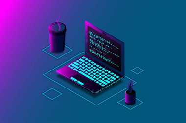 Programlama veya Yazılım Geliştirme web sayfası şablonu. Dizüstü izometrik görüntülü vektör illüstrasyonu ve ekranda program kodu. Programlama kavramı. vektör illüstrasyonu