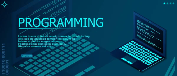 Programmering Eller Programvaruutveckling Webbsida Mall Vektorillustration Med Bärbar Isometrisk Och — Stock vektor