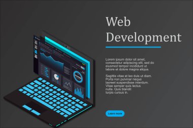 Web tasarımı ve geliştirme, web yönetimi, izometrik dizüstü, izometrik teknoloji, vektör izometrik çizimler.