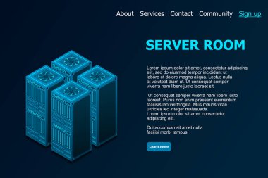 Veri tabanı izometrik vektör çizimi. Soyut sunucu ya da veri merkezi oda arkaplanı. Ağ ya da ana bilgisayar altyapısı web sitesi düzeni. Bilgisayar depolama ya da tarım çalışma istasyonu.