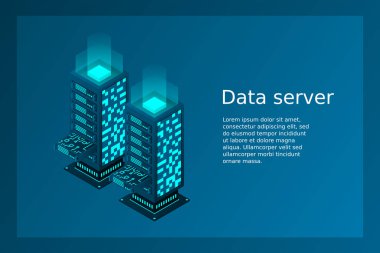 Kullanıcı verisinin sunucuya aktarımı. Veri aktarımı. Veri akışı. Veri deposu. Sunucu. Dijital uzay. Veri merkezi. Büyük Data. Teknoloji. Kavramsal çizim. İzometrik vektör illüstrasyonu