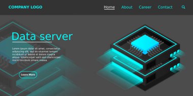 Sunucu odası afişi, büyük veri kavramının web sunucusu ve işlemesi, izometrik vektör illüstrasyonu
