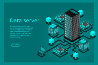 Veri ağı yönetimi kavramı. İş ağı sunucuları bilgisayar ve aygıtlarıyla birlikte vektör izometrik harita. Bulut depolama verileri ve aygıtların senkronizasyonu. 3d izometrik biçim