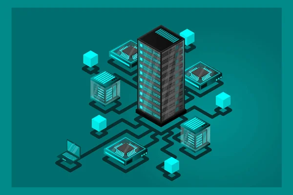 Concepto Gestión Red Datos Mapa Isométrico Vectorial Con Equipos Dispositivos — Vector de stock