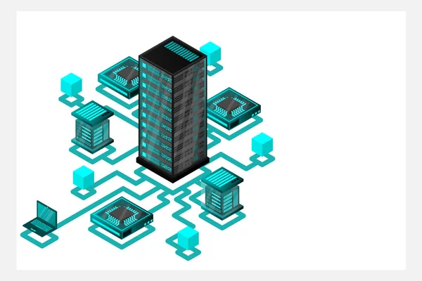 Concepto Gestión Red Datos Mapa Isométrico Vectorial Con Equipos Dispositivos — Archivo Imágenes Vectoriales