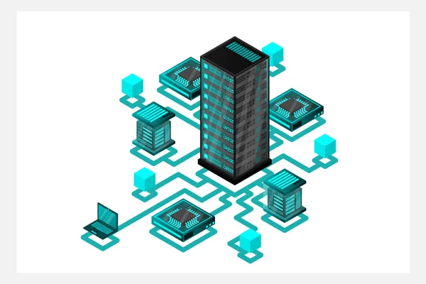 Concepto Gestión Red Datos Mapa Isométrico Vectorial Con Equipos Dispositivos — Archivo Imágenes Vectoriales