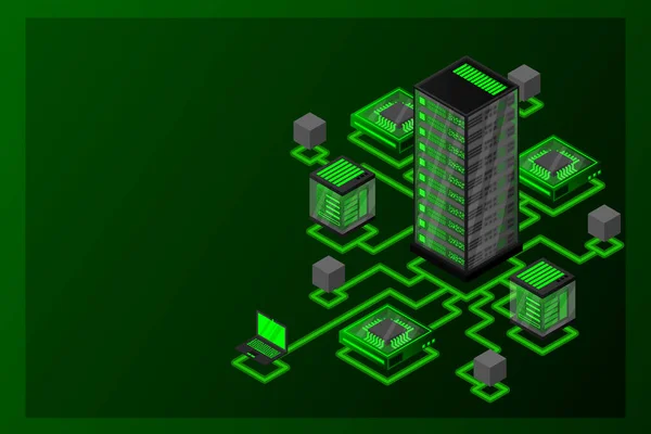 Concepto Gestión Red Datos Mapa Isométrico Vectorial Con Equipos Dispositivos — Archivo Imágenes Vectoriales