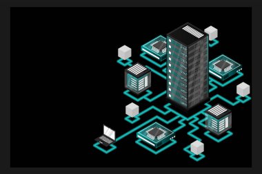 Veri ağı yönetimi kavramı. İş ağı sunucuları bilgisayar ve aygıtlarıyla birlikte vektör izometrik harita. Bulut depolama verileri ve aygıtların senkronizasyonu. 3d izometrik biçim