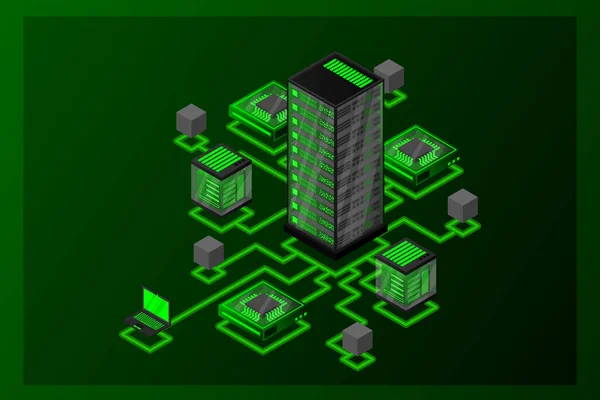 Concepto Gestión Red Datos Mapa Isométrico Vectorial Con Equipos Dispositivos — Archivo Imágenes Vectoriales