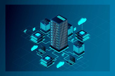 Bilgisayar teknolojisi izometrik simgesi, sunucu odası, dijital aygıt seti, dizayn ögesi, pc laptop, sunucu, bulut depolama, vektör ilüstrasyonu