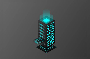 Kullanıcı verisinin sunucuya aktarımı. Veri aktarımı. Veri akışı. Veri deposu. Sunucu. Dijital uzay. Veri merkezi. Büyük Data. Teknoloji. Kavramsal çizim. İzometrik vektör illüstrasyonu