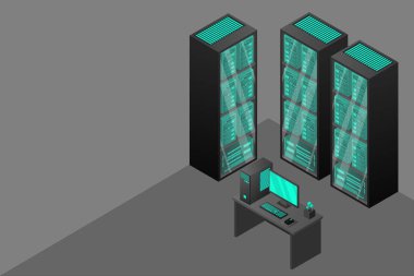 Web sunucusu ve büyük veri işleme, sunucu odası rafı. Veri merkezi izometrik kavramı.