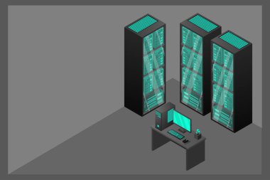 Web sunucusu ve büyük veri işleme, sunucu odası rafı. Veri merkezi izometrik kavramı.