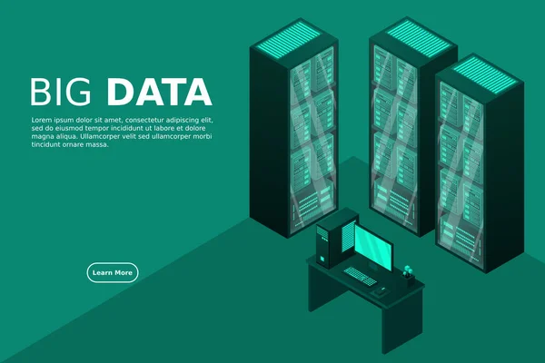 Webホスティングとビッグデータ処理 サーバールームラック データセンター等の概念 — ストックベクタ