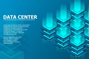 İzometrik fütürist sunucu. Üç boyutlu dijital arkaplan. Soyut veri kaynağı ya da engel zinciri arkaplanı. İnternet ile sunucu çiftliği iletişimi. Bilgisayar deposu, vektör illüstrasyonu