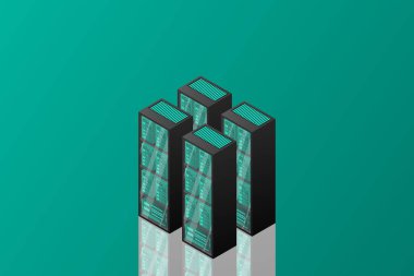 Web sunucusu ve büyük veri işleme, sunucu odası rafı. Veri merkezi izometrik kavramı.