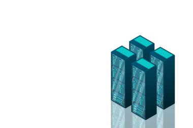 Web sunucusu ve büyük veri işleme, sunucu odası rafı. Veri merkezi izometrik kavramı.