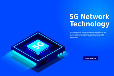 5G ağ işlemci çizimi. Yeni neslin mobil kablosuz interneti. İzometrik fütürist mikro çip. Mikro çip çizimi. PC anakart illüstrasyon geçmişi. 3B izometrik donanım.