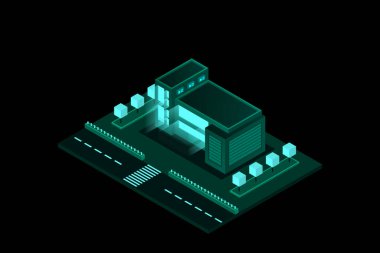 Akıllı şehir ya da akıllı bina izometrik vektör konsepti. Modern akıllı şehir planlama ve geliştirme altyapı binaları. Gradyan arkaplan üzerinde yaratıcı vektör çizimi.
