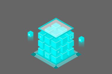 Isometric Dijital Teknoloji Web Afişi. Büyük Veritabanı Öğrenme Algoritması. Analiz ve Bilgi. Büyük Veri Erişim Depolama Bilgi Yönetimi ve Analizi.