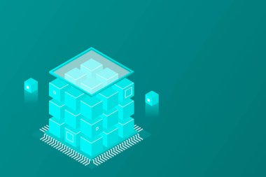 Isometric Dijital Teknoloji Web Afişi. Büyük Veritabanı Öğrenme Algoritması. Analiz ve Bilgi. Büyük Veri Erişim Depolama Bilgi Yönetimi ve Analizi.
