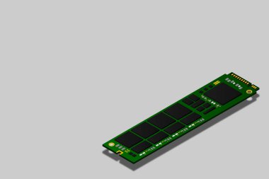 NVME Express M.2 memory realistik 3d izometrik illüstrasyon, rastgele erişim belleği, kişisel bilgisayar donanım bileşeni, özel oyun ve çalışma istasyonu aksesuarları, vektör ilüstrasyonu.