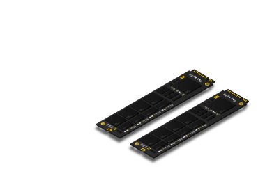 NVME Express M.2 memory realistik 3d izometrik illüstrasyon, rastgele erişim belleği, kişisel bilgisayar donanım bileşeni, özel oyun ve çalışma istasyonu aksesuarları, vektör ilüstrasyonu.