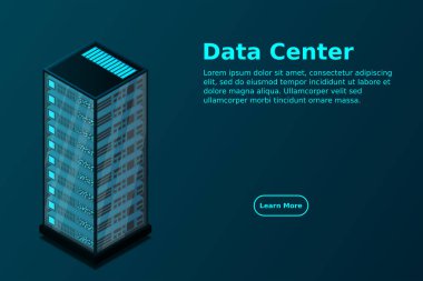 Ana bilgisayar, güçlü sunucu, yüksek teknoloji konsepti, veri merkezi, bulut veri depolama izometrik vektör çizimi