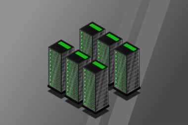 Ana bilgisayar, güçlü sunucu, yüksek teknoloji konsepti, veri merkezi, bulut veri depolama izometrik vektör çizimi