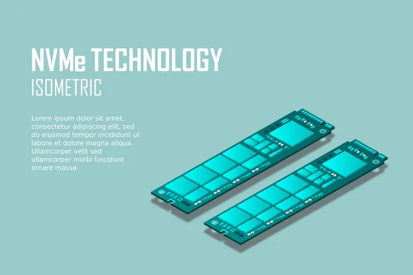 Nvme Express 2内存现实3D等距插画 随机访问内存 个人计算机硬件组件 自定义游戏和工作站附件 矢量插画 — 图库矢量图片