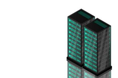 Ana bilgisayar, güçlü sunucu, yüksek teknoloji konsepti, veri merkezi, bulut veri depolama izometrik vektör çizimi